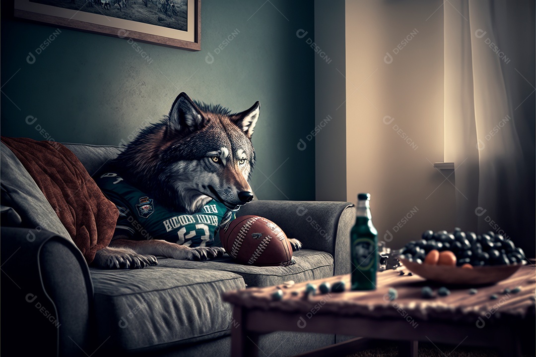 Lobo em casa sentado no sofá assistindo superbowl na tv.