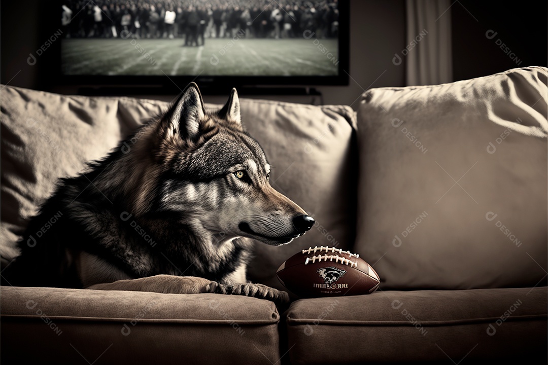 Lobo em casa sentado no sofá assistindo superbowl na tv.