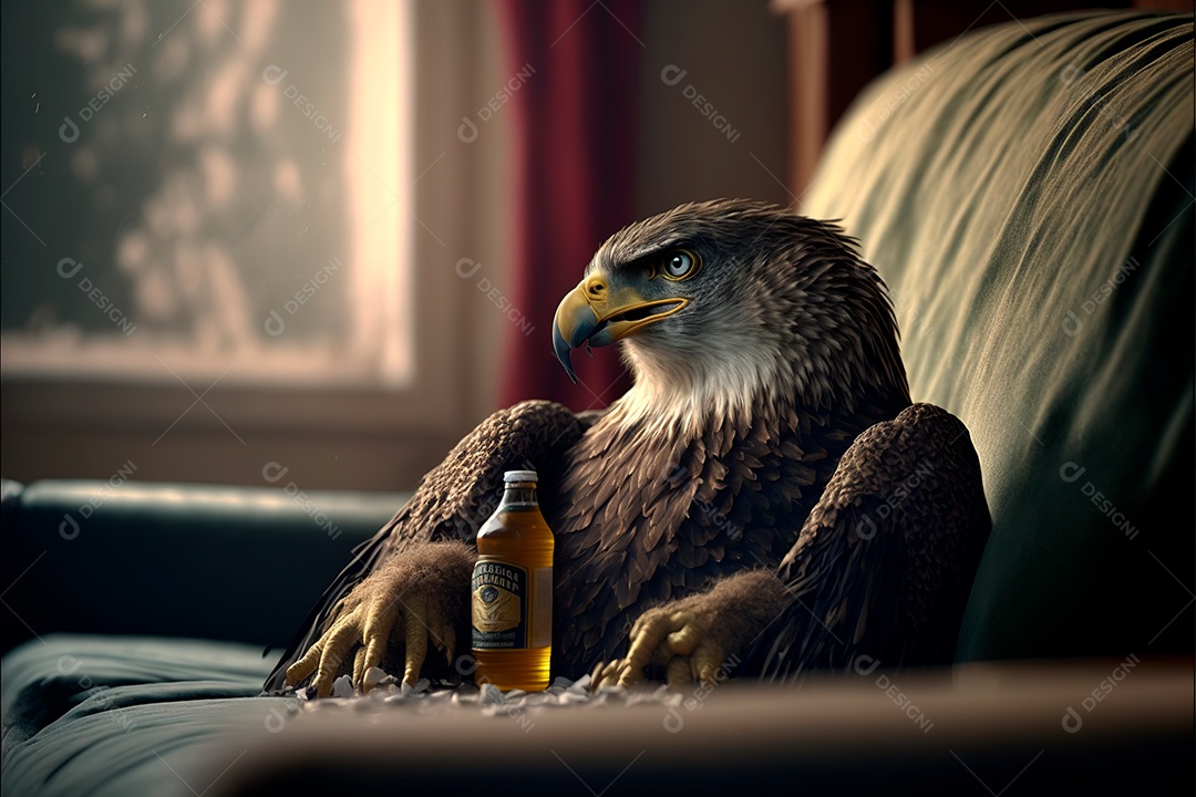 Àguia sentada no sofá bebendo cerveja assistindo uma partida.