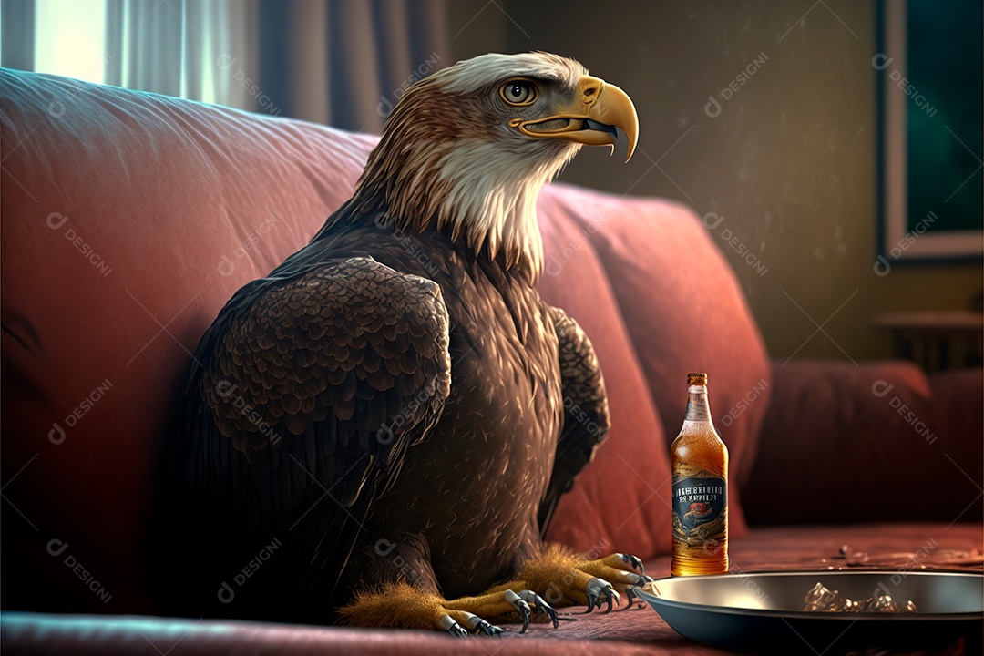 Àguia sentada no sofá bebendo cerveja assistindo uma partida.