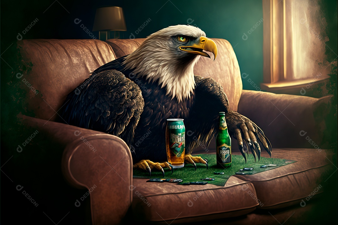 Àguia sentada no sofá bebendo cerveja assistindo uma partida.