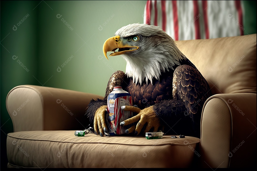 Àguia sentada no sofá bebendo cerveja assistindo uma partida.