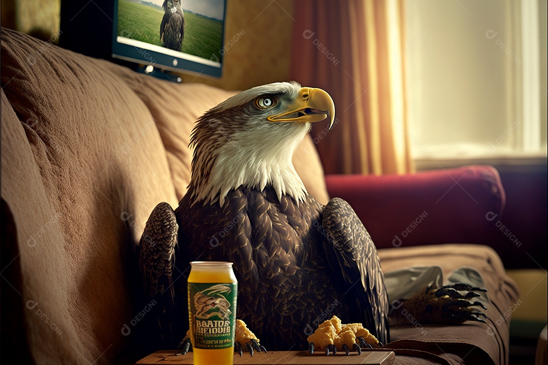 Àguia sentada no sofá bebendo cerveja assistindo uma partida.