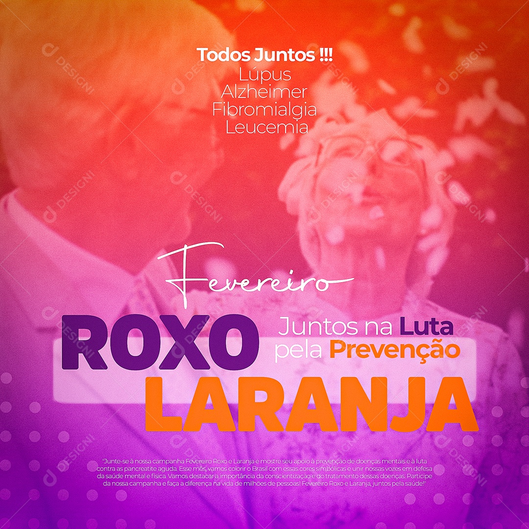 Fevereiro Roxo e Laranja Mês de Conscientização Lúpus, Alzheimer, Fibromialgia e Leucemia Social Media PSD Editável