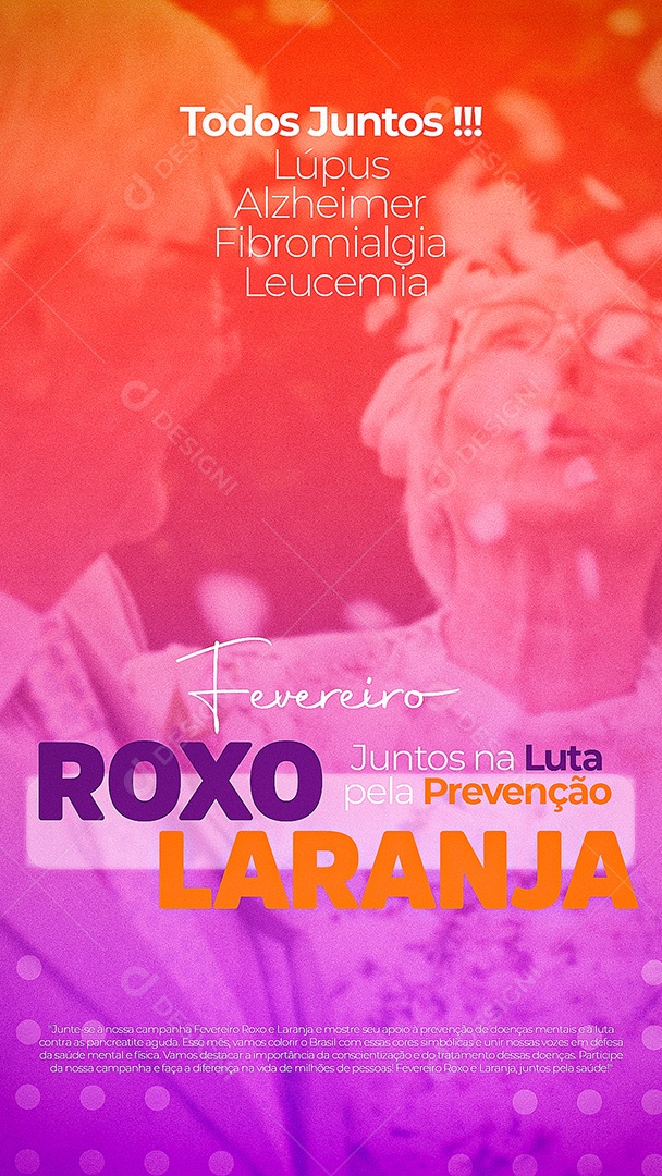 Story Fevereiro Roxo e Laranja Mês de Conscientização Lúpus, Alzheimer, Fibromialgia e Leucemia Social Media PSD Editável