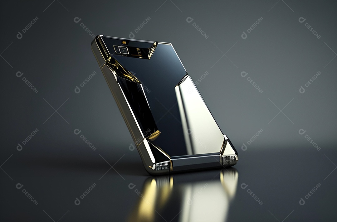 Smartphone Futurístico com detalhes em ouro e platina