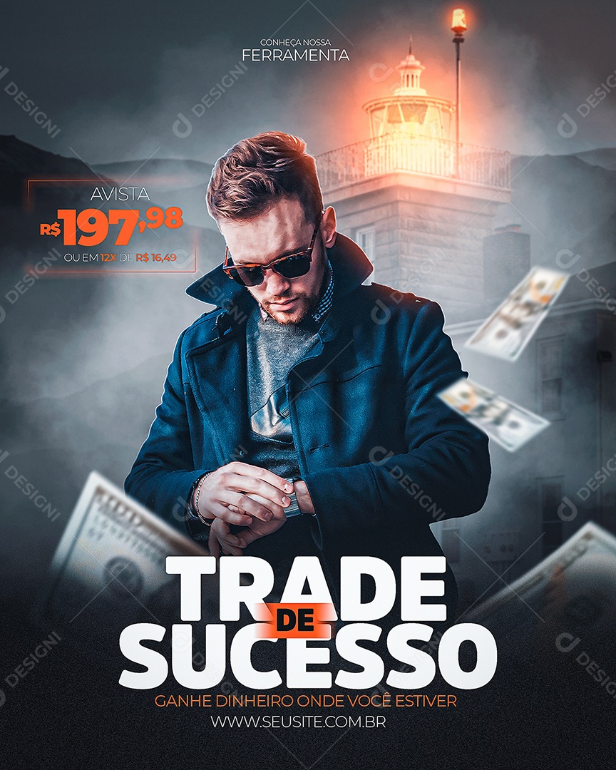 Trade de Sucesso Ganhe Dinheiro Onde Você Estiver Social Media PSD Editável