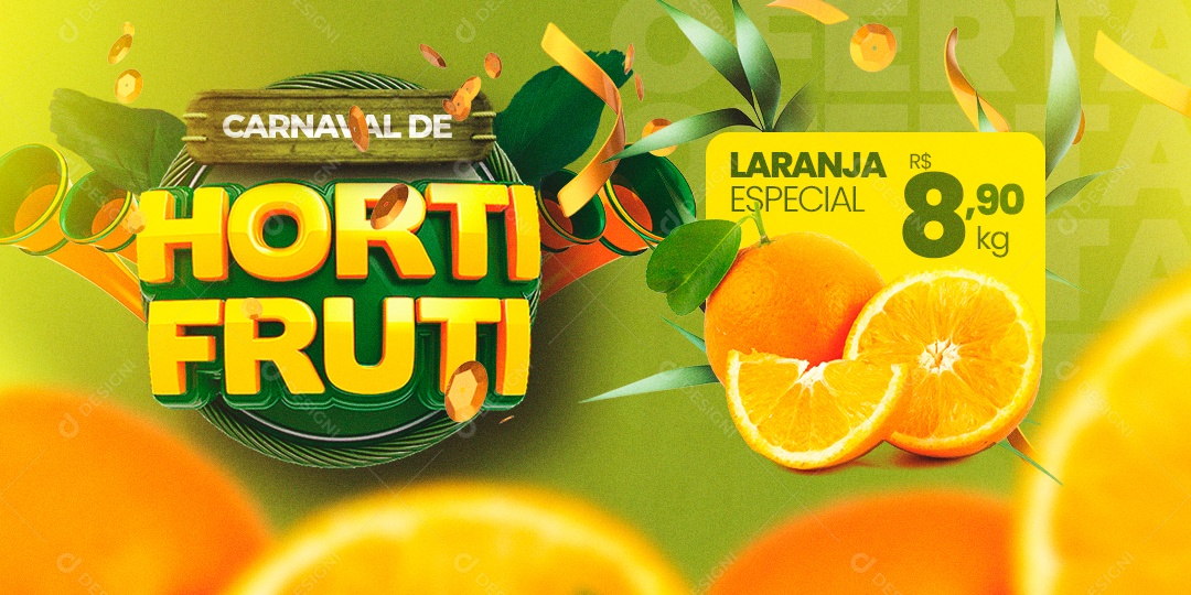 Banner Carnaval de Hortifruti Laranja Especial 8,90 Kg Social Media PSD Editável