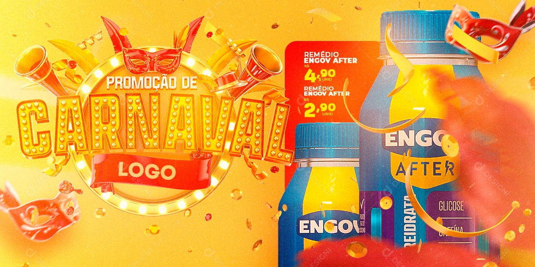 Banner Promoção de Carnaval Remédio Engov After 4,90 Farmácia Social Media PSD Editável