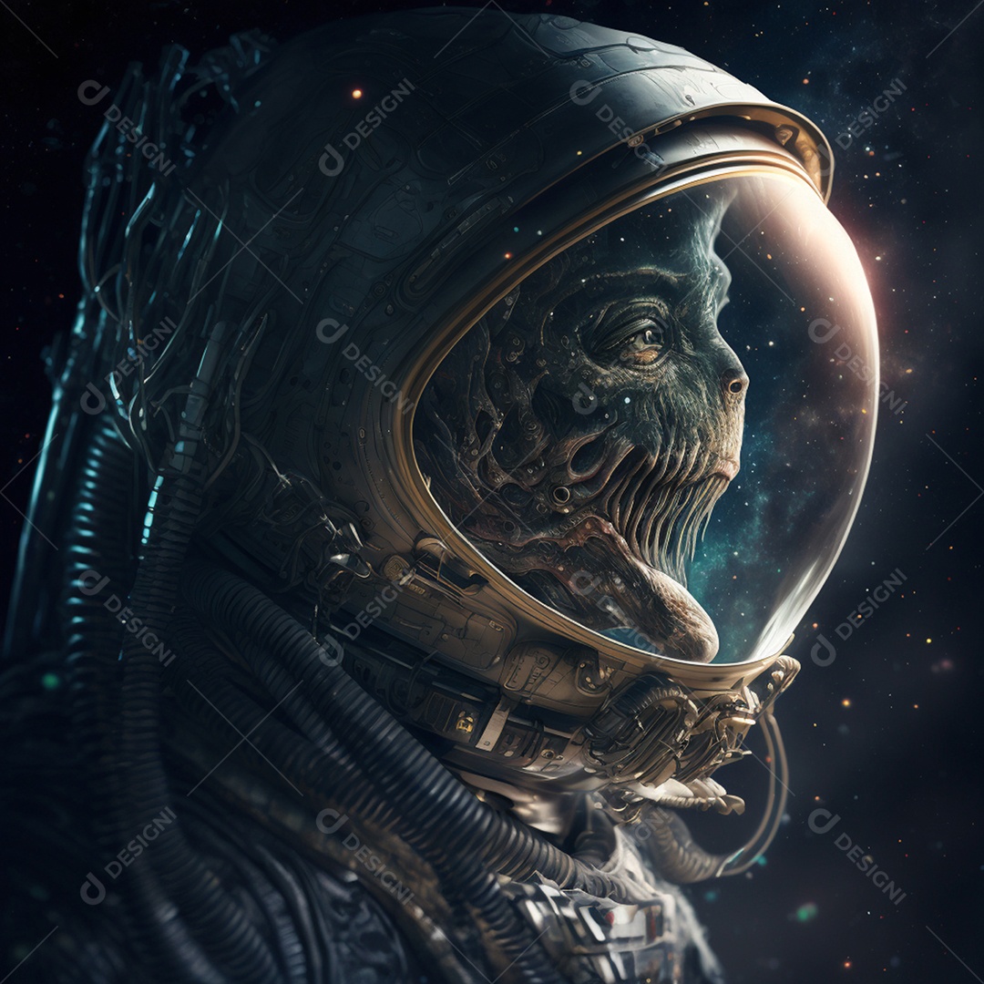 Astronauta alienígena capacete transparente no espaço