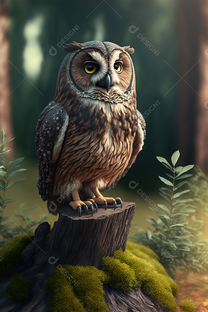 Linda coruja em um tronco de árvore na floresta