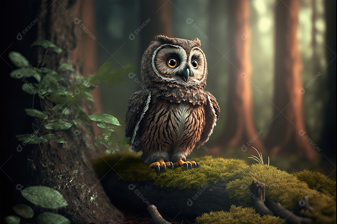 Linda coruja em um tronco de árvore na floresta