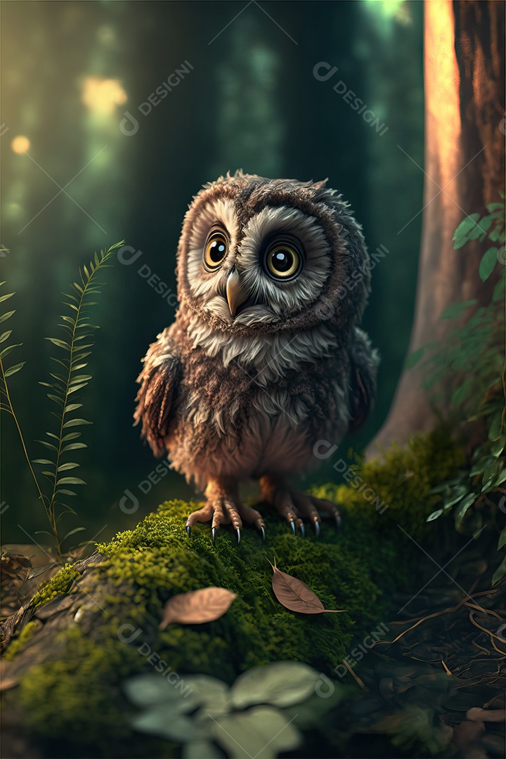 Linda coruja em um tronco de árvore na floresta