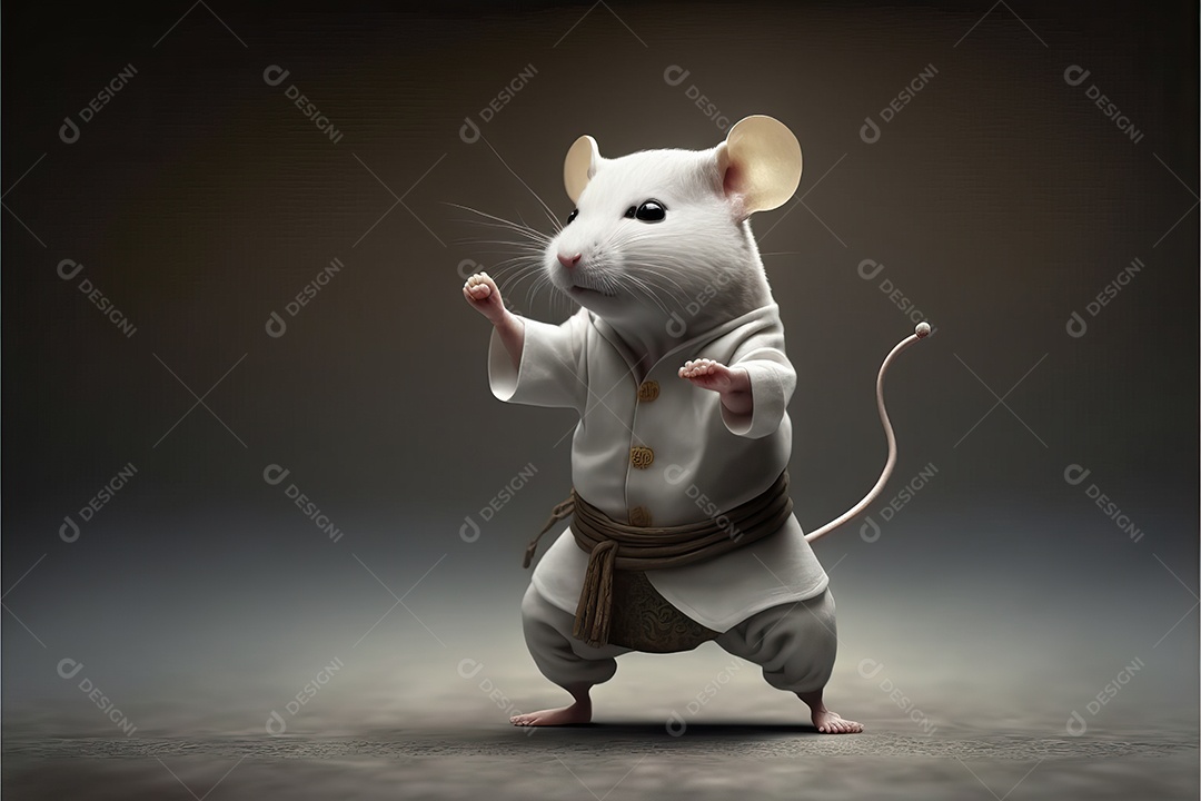 Rato branco bonito em quimono fazendo poses de karatê