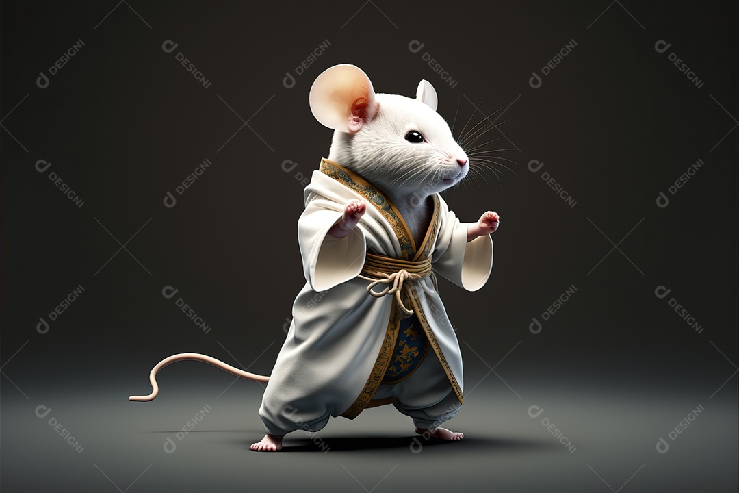 Rato branco bonito em quimono fazendo poses de karatê