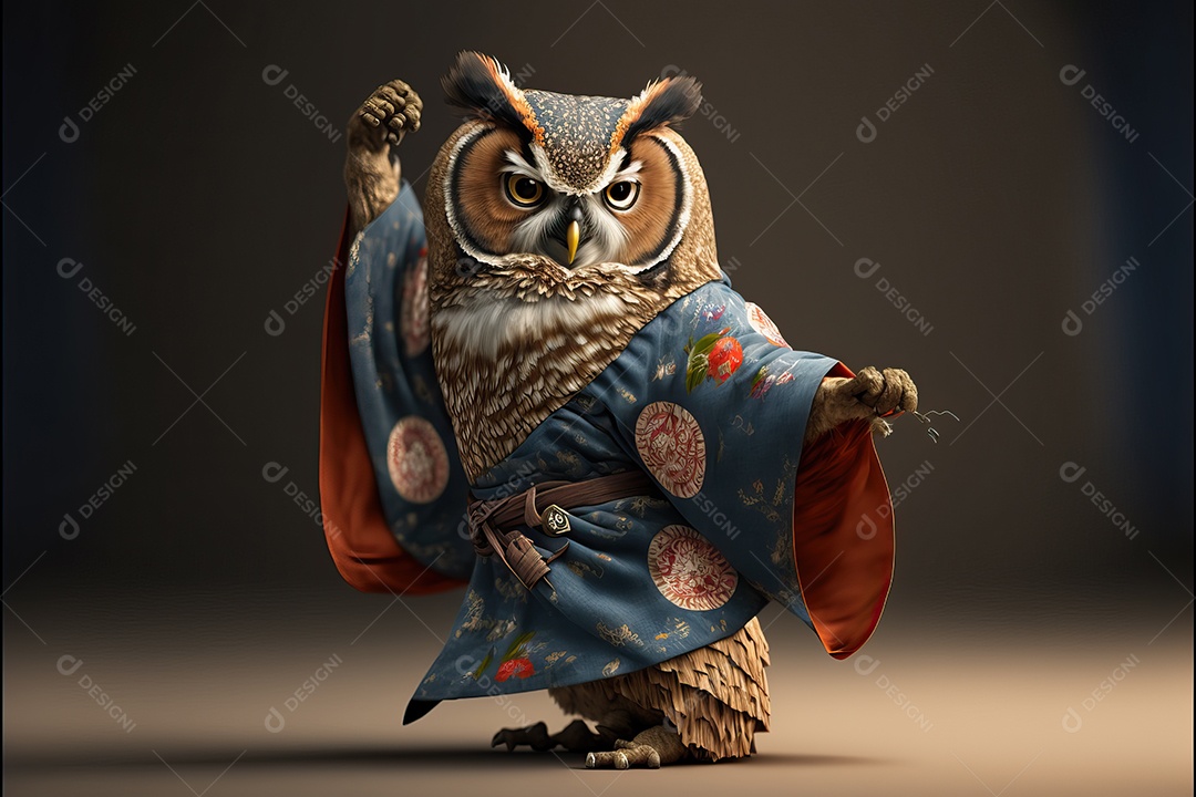 Uma coruja em um quimono fazendo poses de karatê