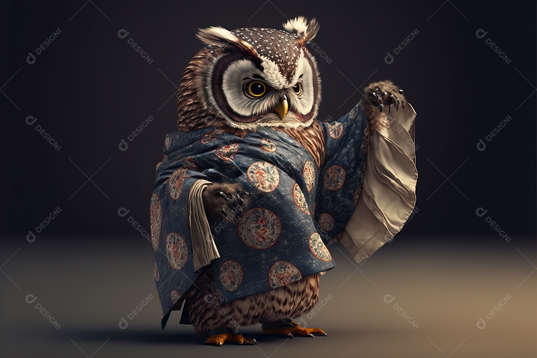 Uma coruja em um quimono fazendo poses de karatê