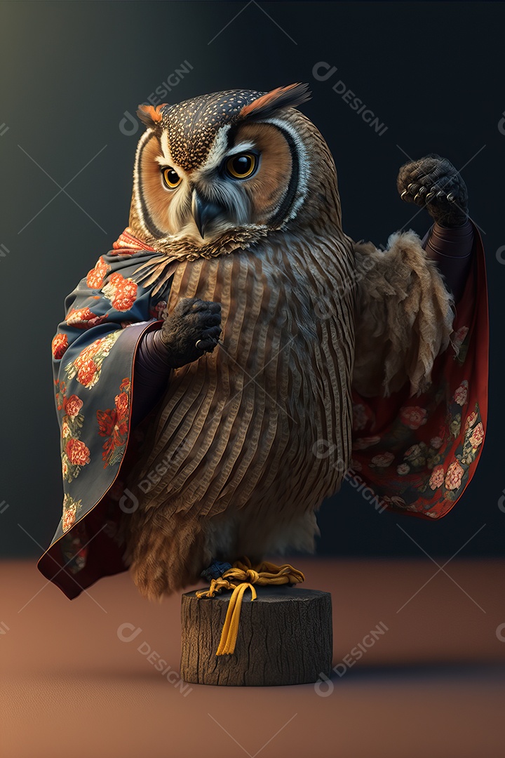 Uma coruja em um quimono fazendo poses de karatê