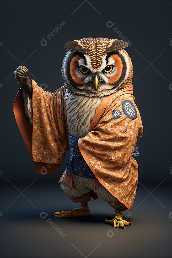 Uma coruja em um quimono fazendo poses de karatê