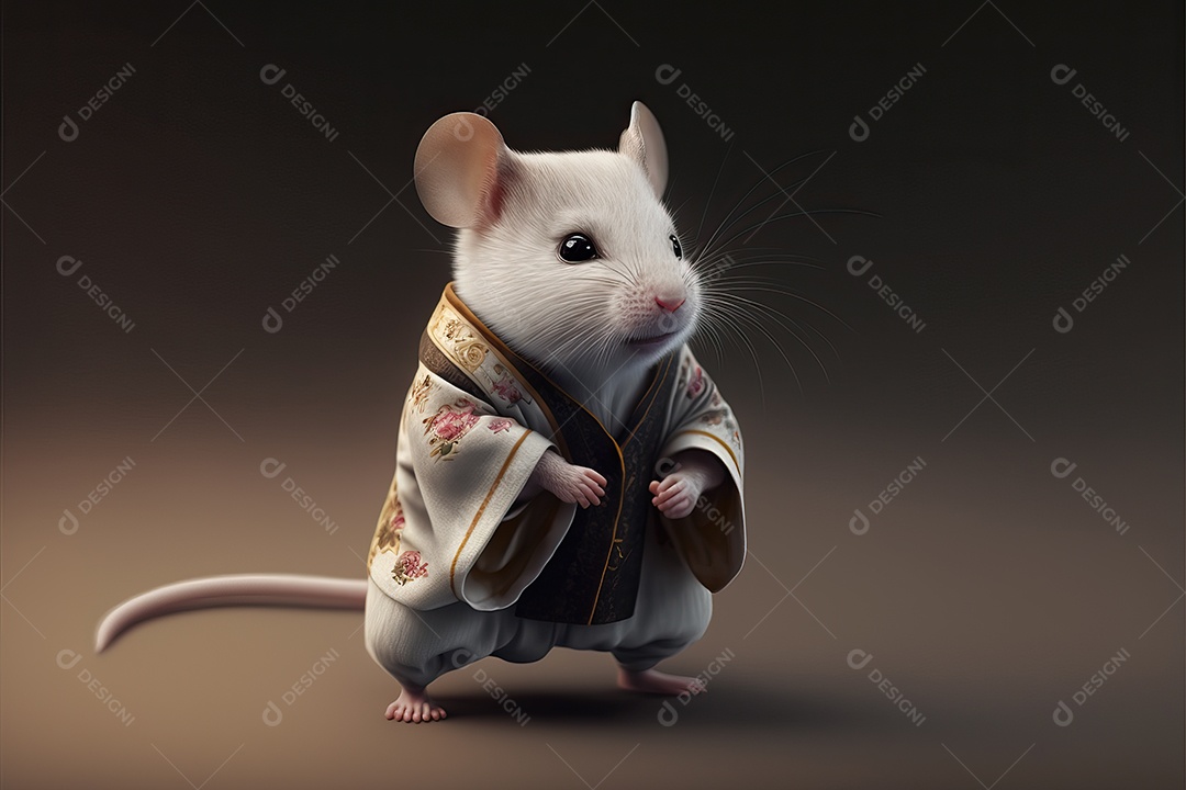 Rato branco bonito em quimono fazendo poses de karatê