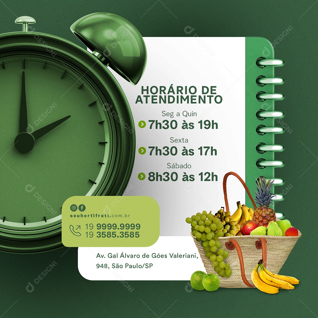 Horário de Atendimento Hortifruti Social Media PSD Editável