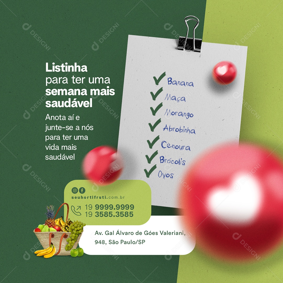 Listinha para Ter uma Semana mais Saudável Hortifruti Social Media PSD Editável