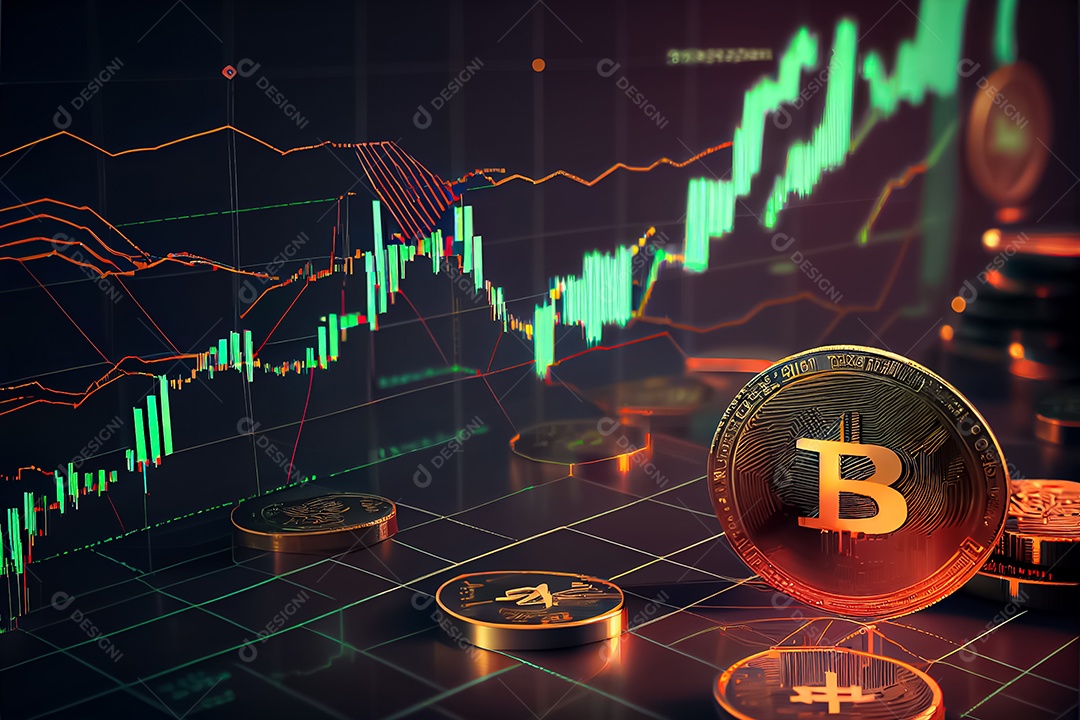 Moedas Bitcoin e cena do gráfico de negociação