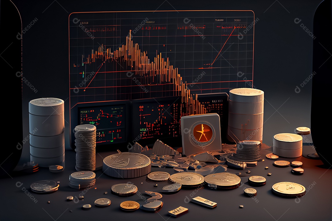 Moedas Bitcoin e cena do gráfico de negociação