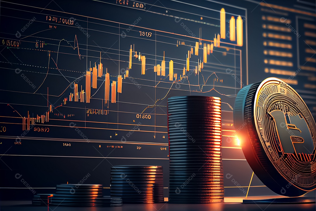 Moedas Bitcoin e cena do gráfico de negociação
