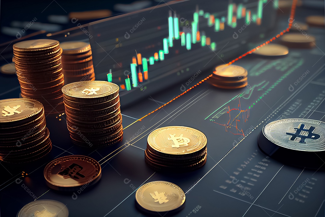 Moedas Bitcoin e cena do gráfico de negociação