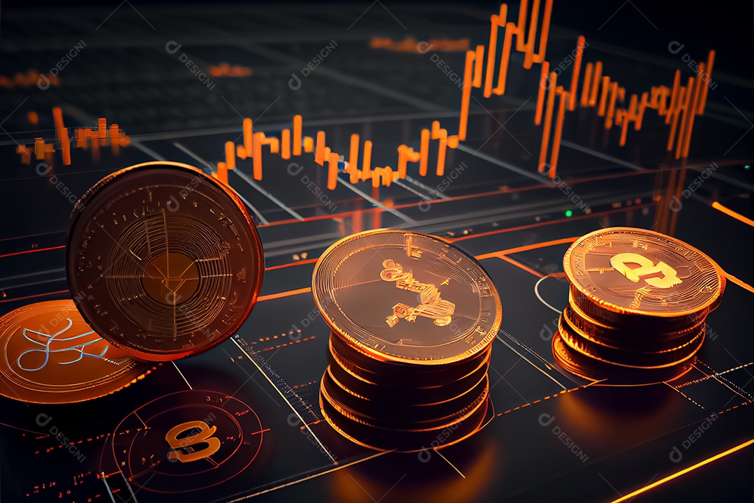Moedas Bitcoin e cena do gráfico de negociação