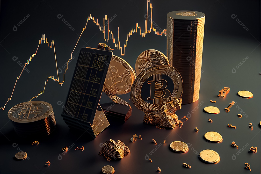 Moedas Bitcoin e cena do gráfico de negociação