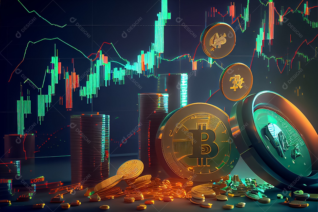 Moedas Bitcoin e cena do gráfico de negociação