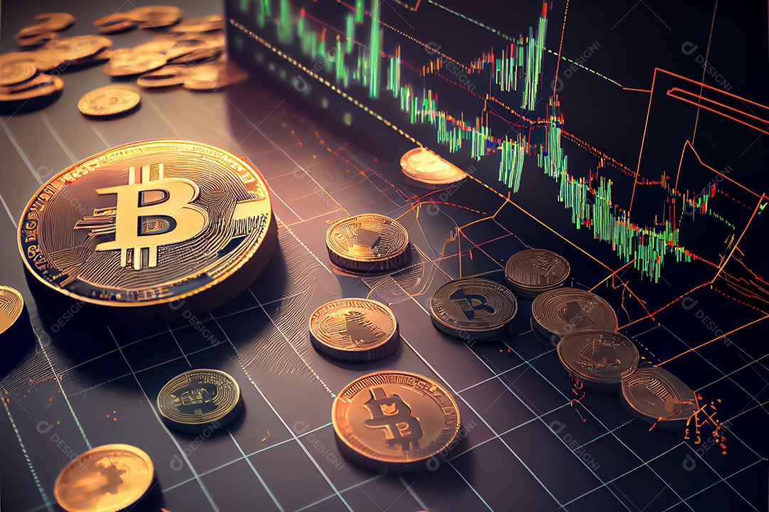 Moedas Bitcoin e cena do gráfico de negociação