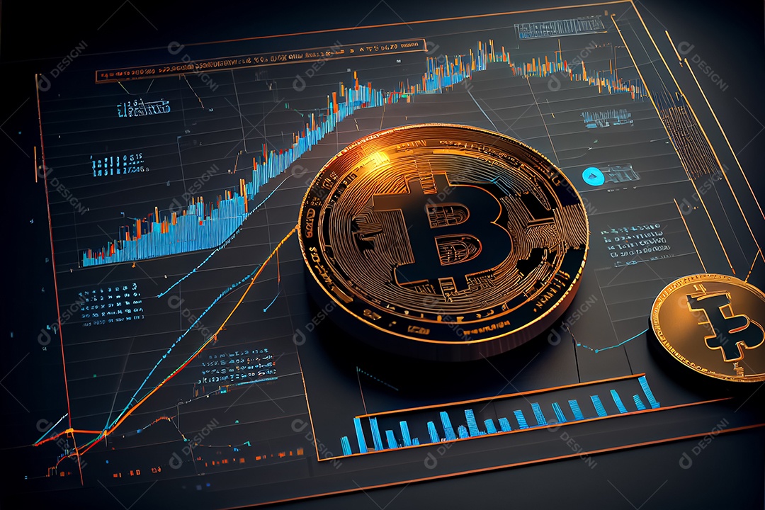 Moedas Bitcoin e cena do gráfico de negociação