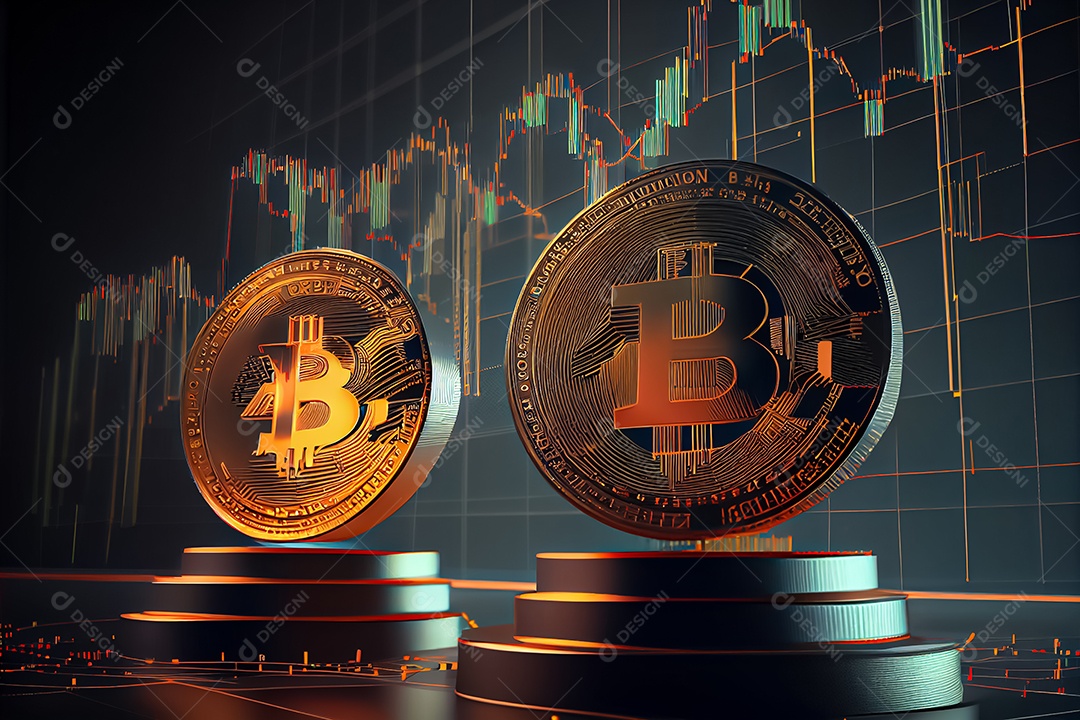 Moedas Bitcoin e cena do gráfico de negociação
