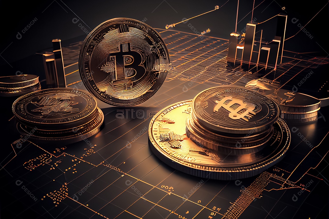 Moedas Bitcoin e cena do gráfico de negociação