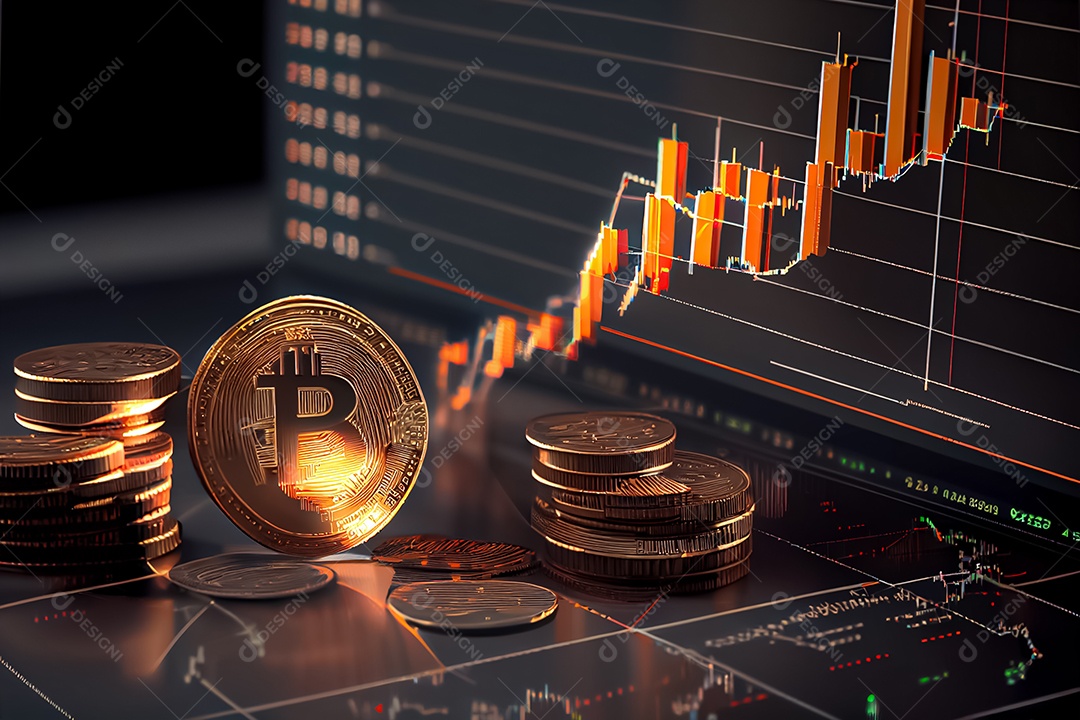 Moedas Bitcoin e cena do gráfico de negociação