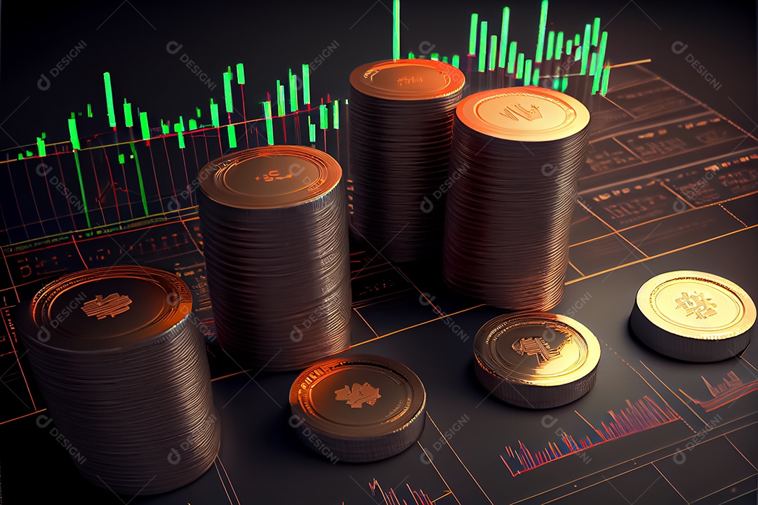 Moedas Bitcoin e cena do gráfico de negociação