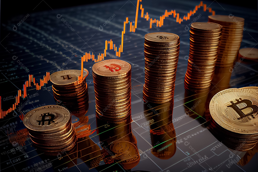 Moedas Bitcoin e cena do gráfico de negociação
