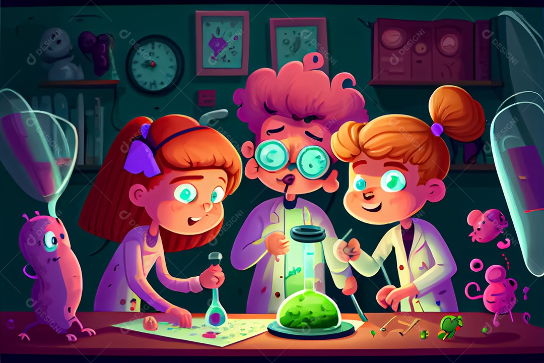 Crianças de desenho animado fazendo experimentos pesquisando germes na sala de ciências