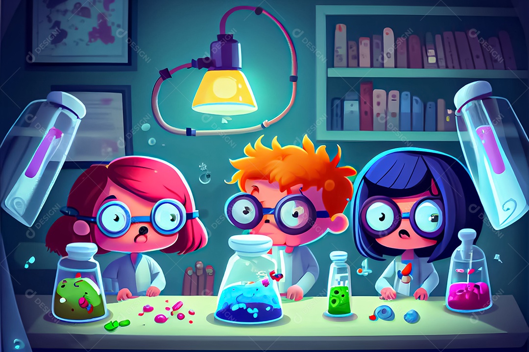 Crianças de desenho animado fazendo experimentos pesquisando germes na sala de ciências