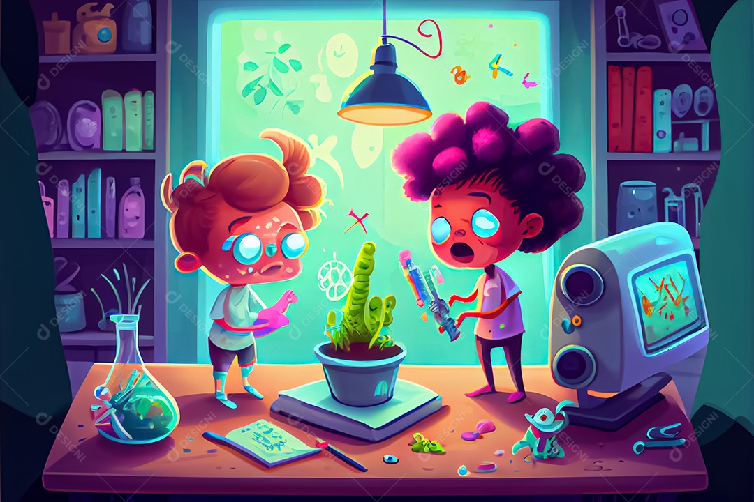 Crianças de desenho animado fazendo experimentos pesquisando germes na sala de ciências