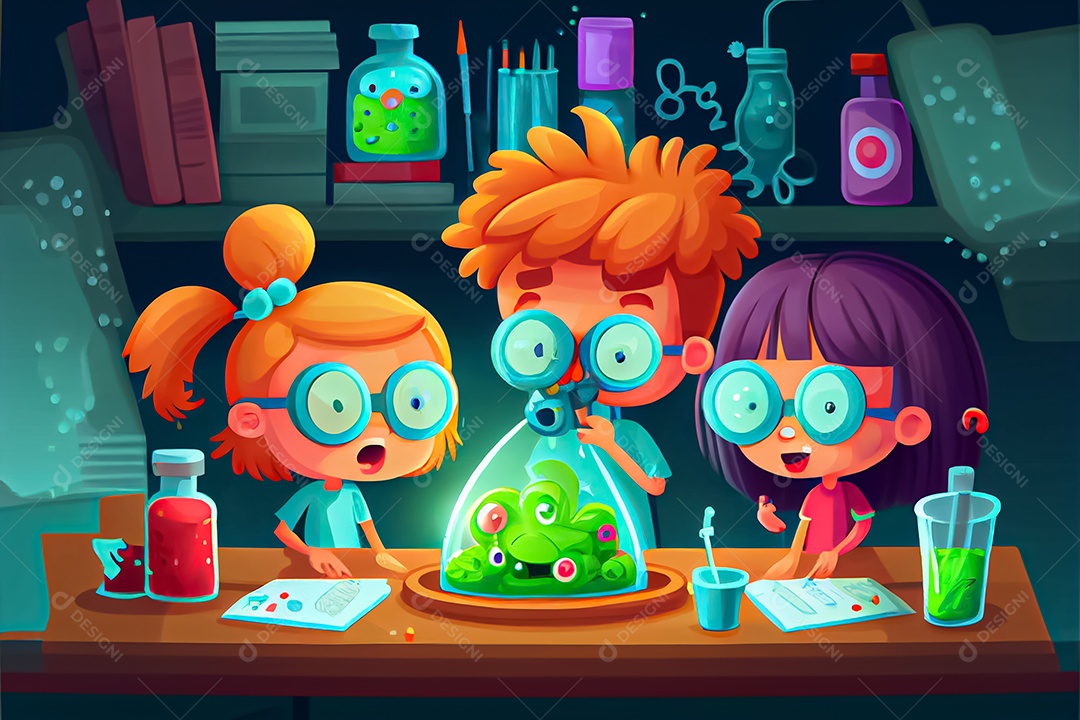 Crianças de desenho animado fazendo experimentos pesquisando germes na sala de ciências