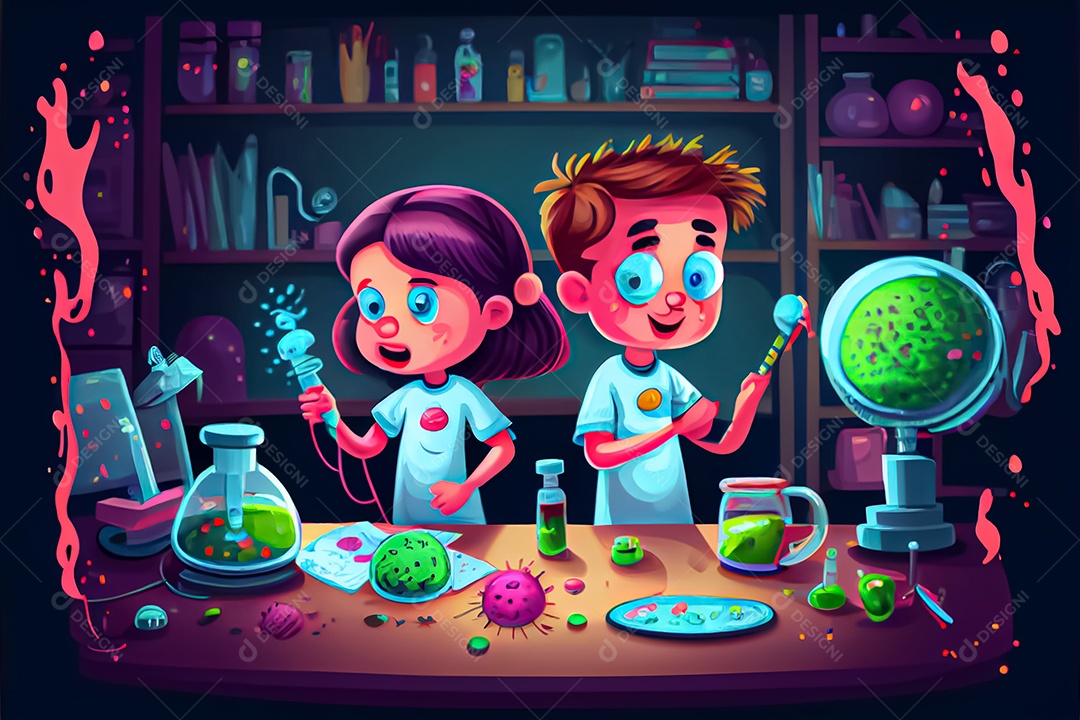 Crianças de desenho animado fazendo experimentos pesquisando germes na sala de ciências