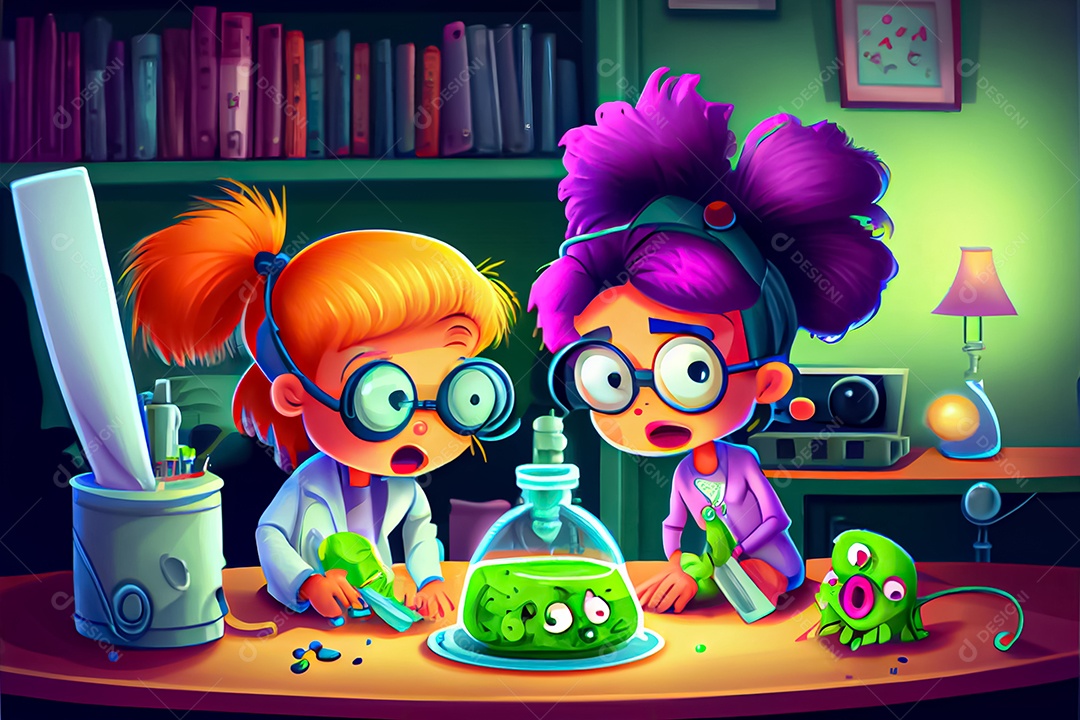 Crianças de desenho animado fazendo experimentos pesquisando germes na sala de ciências