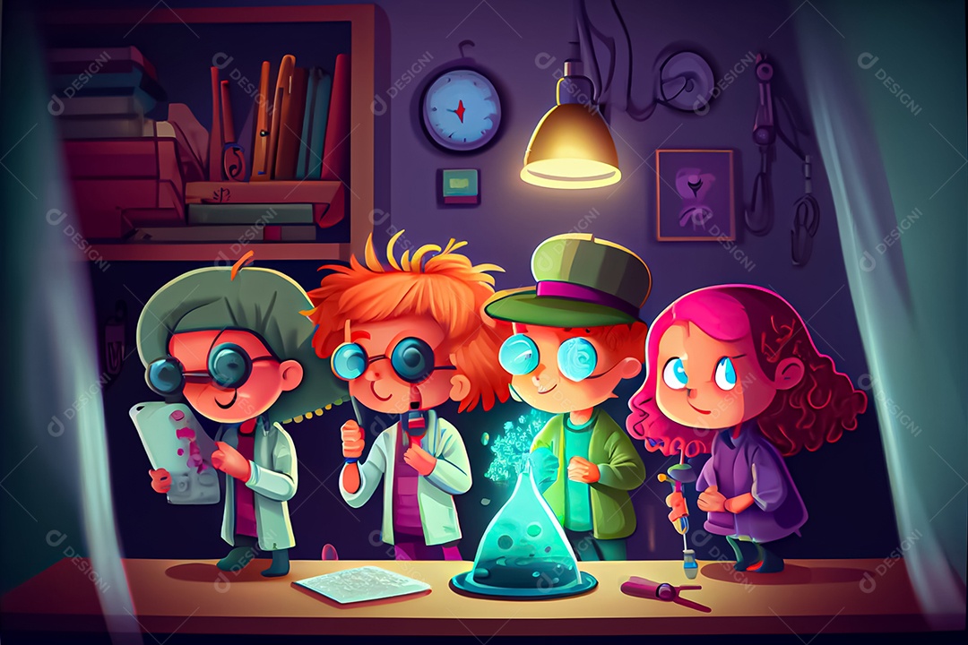 Crianças de desenho animado fazendo experimentos pesquisando germes na sala de ciências