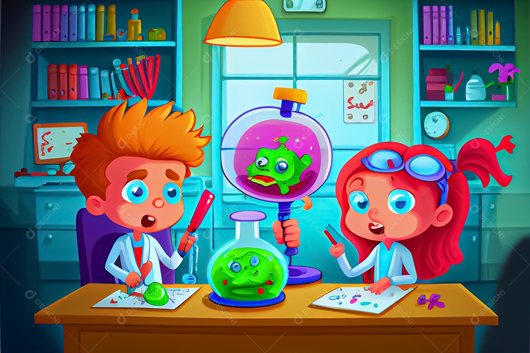 Crianças de desenho animado fazendo experimentos pesquisando germes na sala de ciências