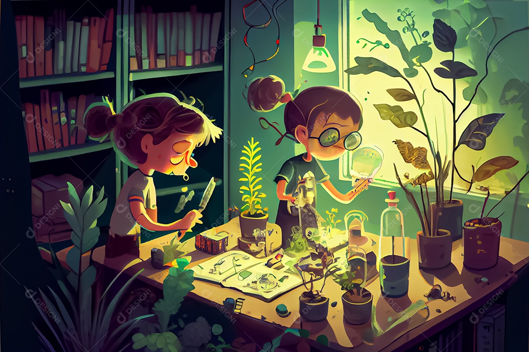 Ciência dos desenhos animados experimentando pesquisa de plantas Na sala de ciências Dia Nacional da Ciência