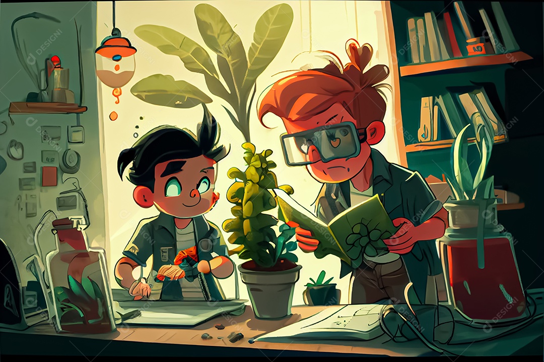 Ciência dos desenhos animados experimentando pesquisa de plantas Na sala de ciências Dia Nacional da Ciência